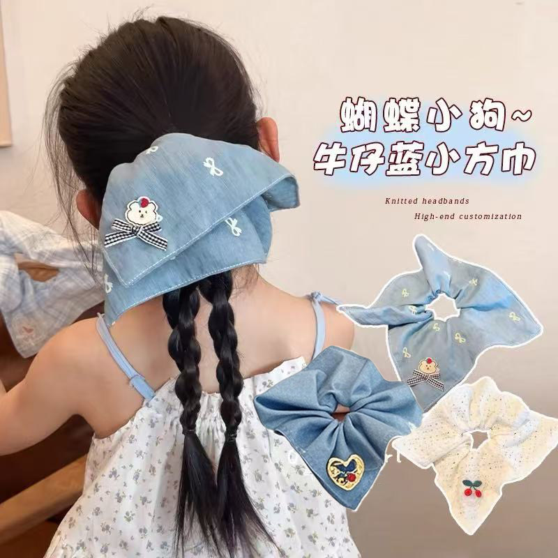 儿童牛仔刺绣方巾大肠发圈女童新款扎头发低马尾可爱头绳百搭发饰