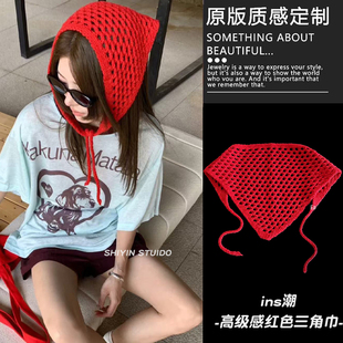 日系复古红色钩织三角巾头巾女2025新款高级感包头巾围巾旅游配饰