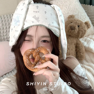 甜妹ins可爱兔耳花边眼罩帽子新款少女护额套头洗脸发带睡觉头箍