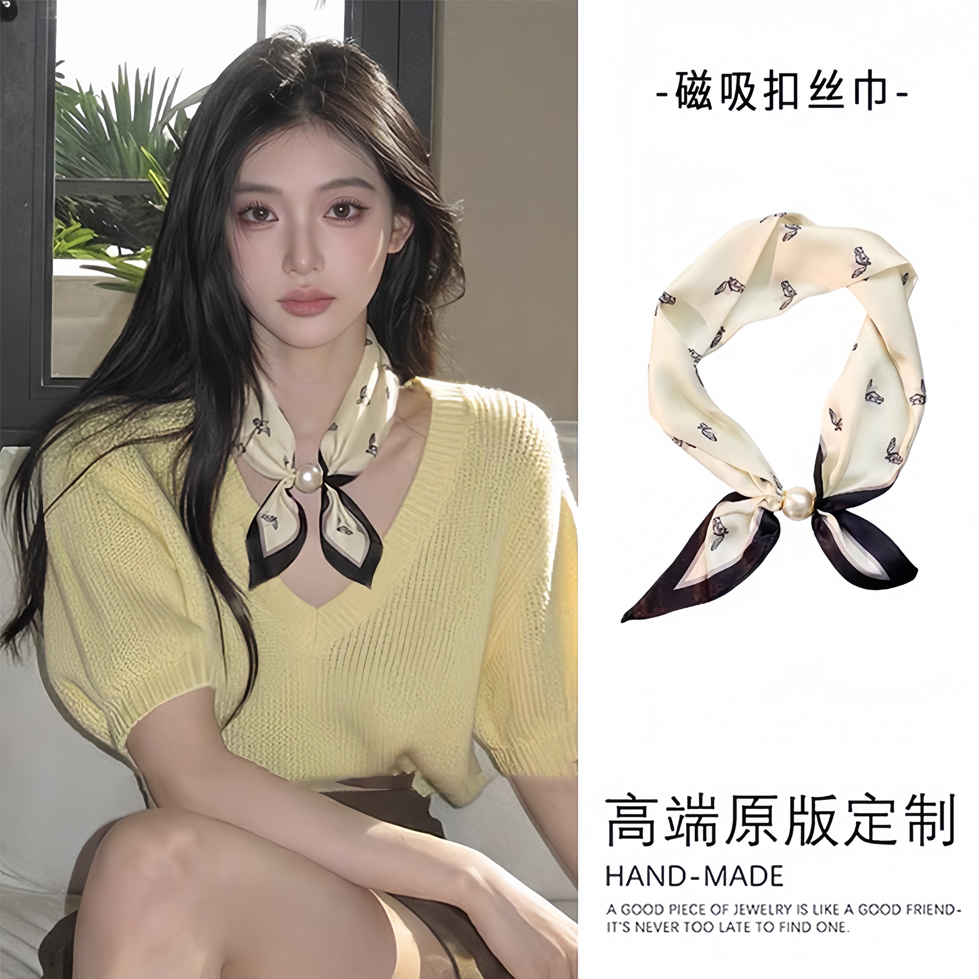 法式名媛风磁吸扣缎面丝巾女图片