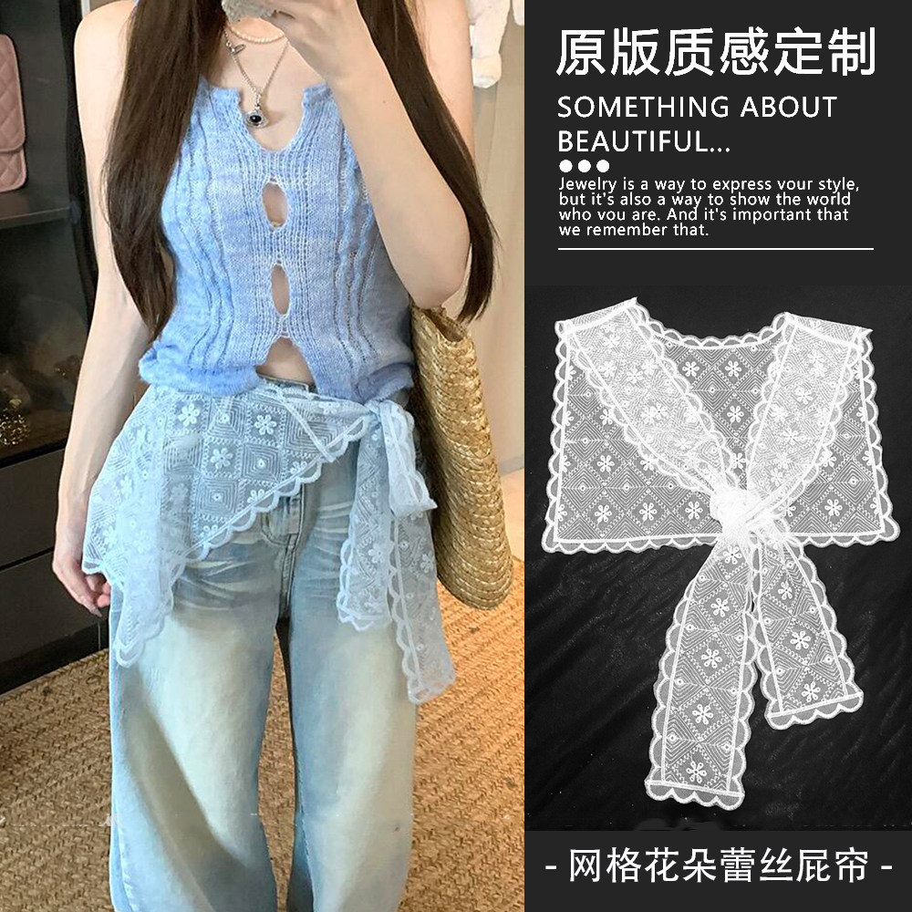 日系蕾丝花边丝巾腰带披肩女2026新款屁帘叠穿长条方巾腰封配饰品