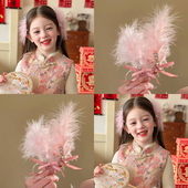 儿童国风粉色花朵钻石羽毛发夹2026新款 女童可爱发卡新年汉服发饰