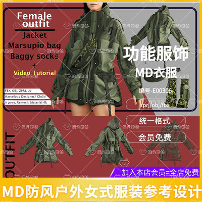 MD女性冲锋衣户外时尚服饰参考CLO3D服装打版源文件3D模型素材obj