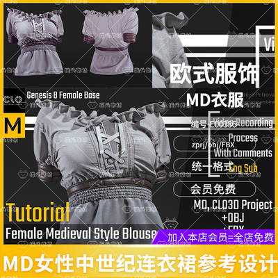 MD女性中世纪连衣裙模型CLO3D服装打版源文件3D模型素材obj