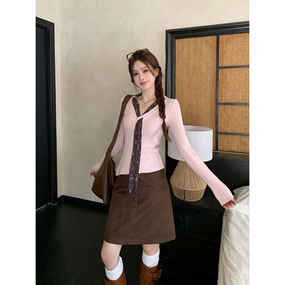 实拍大码女装韩系气质慵懒高级设计感显瘦粉色上衣咖色半身裙套装