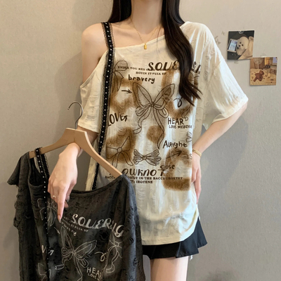 实拍大码女装夏装时尚百搭钉珠露肩短袖T恤宽松显瘦遮肉减龄上衣