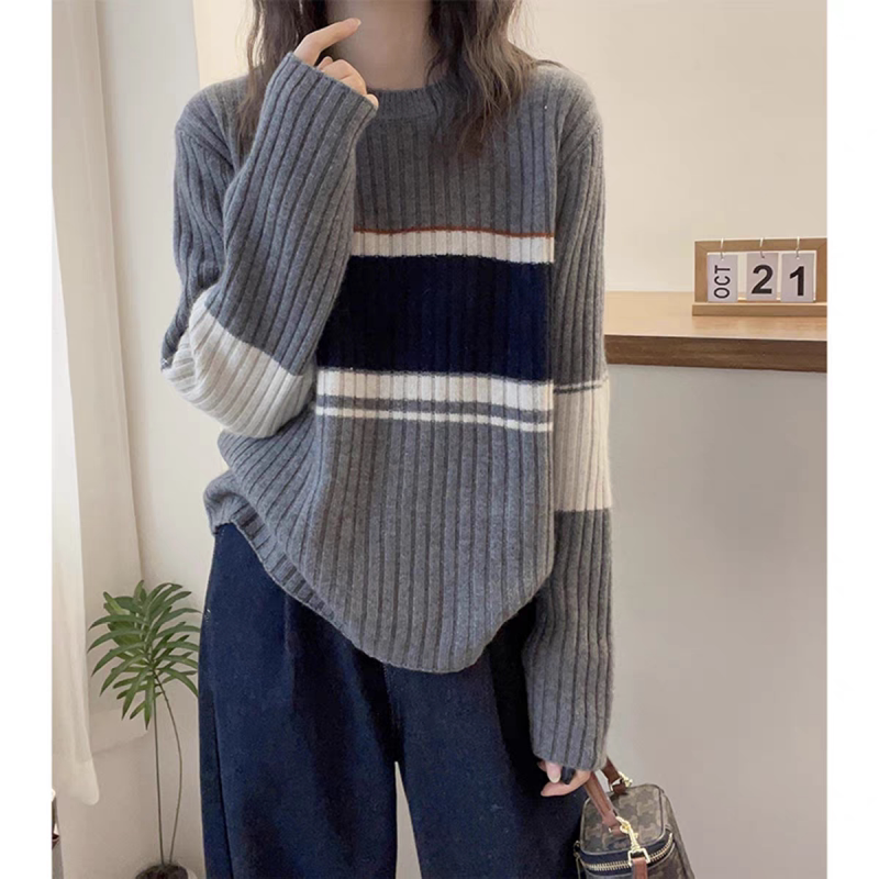 休闲随意100%羊毛衫女圆领撞毛针织衫