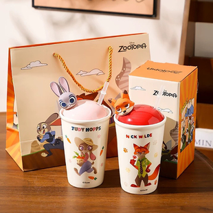朱迪尼克立体杯盖卡通陶瓷吸管杯情侣大容量兔子警官喝水冰霸杯子
