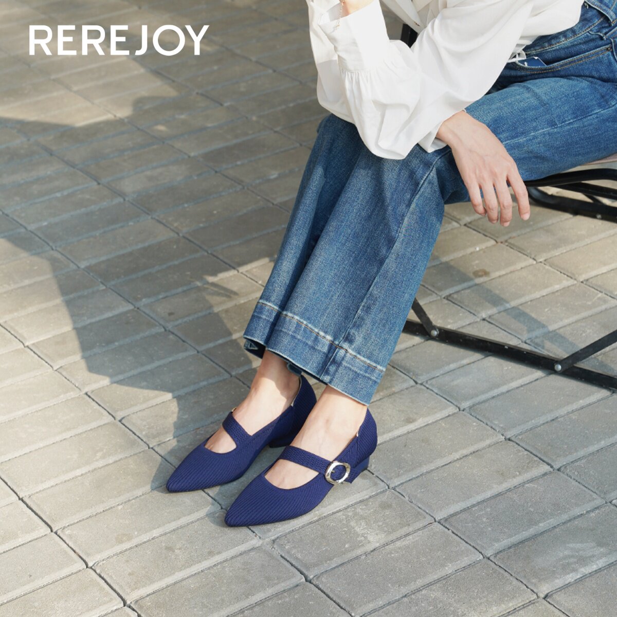 REREJOY2025新款飞织浅口尖头单鞋法式玛丽珍一脚蹬透气小跟鞋