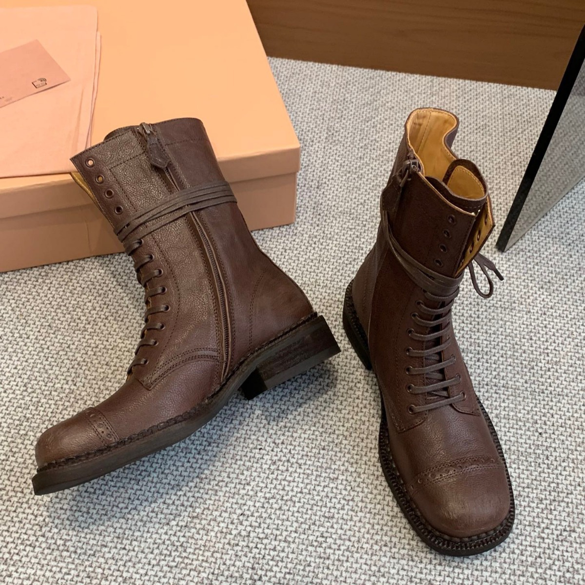 做旧复古miu*增高时装靴秋冬骑士靴皮带扣系带西部牛仔靴裤管靴