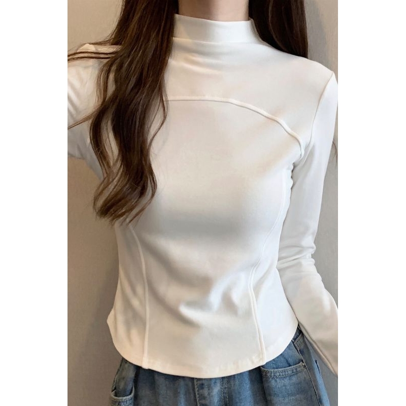 秋冬上衣2025新款长袖T恤女德绒修身打底衫半高领鱼骨设计感保暖