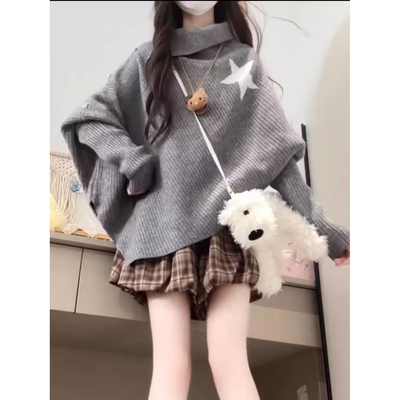 高领不规则小众设计感毛衣女秋冬韩版宽松慵懒风软糯针织斗篷上衣