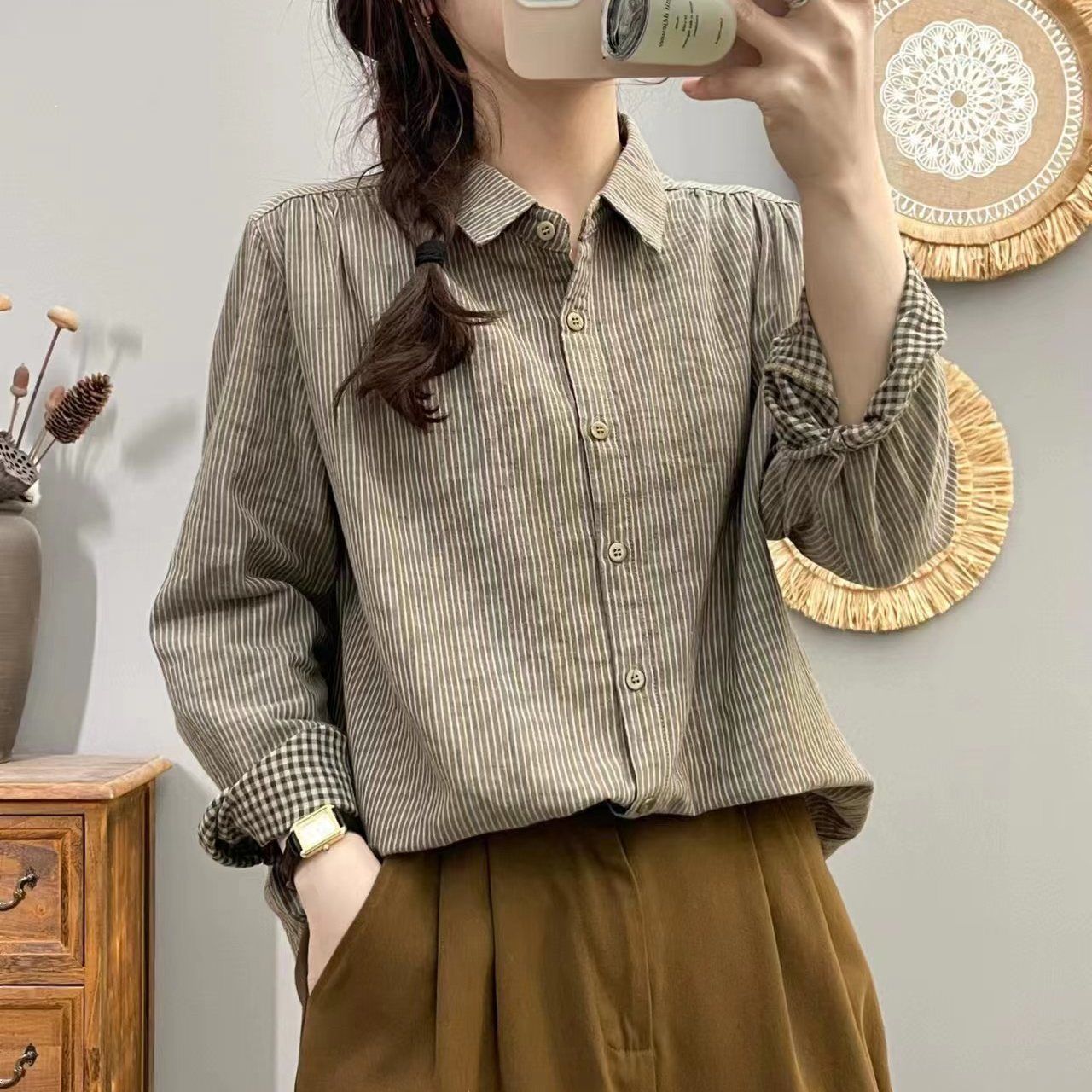 纯棉文艺复古细条纹衬衫女双层棉纱布长袖衬衣春秋新款百搭衬衣