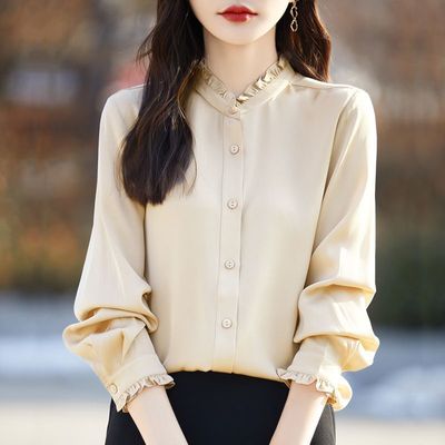 法式木耳边衬衫女外套衬衣立领优雅打底开衫内搭时尚上衣长袖百搭