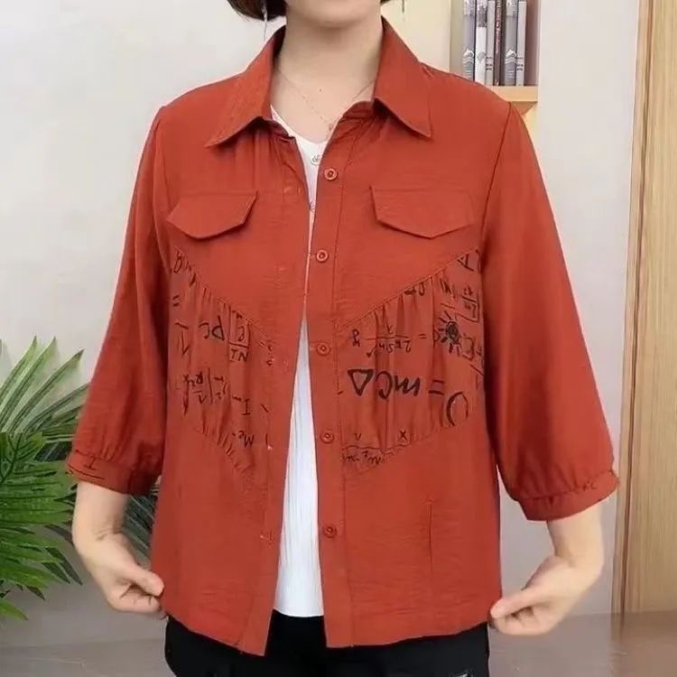 翻领字母拼接2024女装开衫外套新款上衣洋气中老年妈妈装百搭衬衫