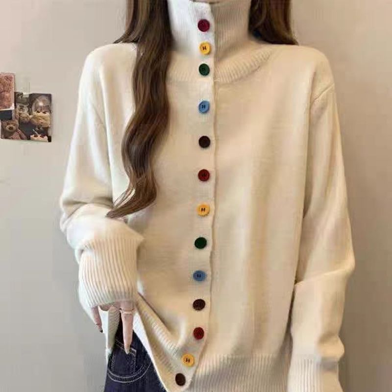 韩版显瘦针织高领开衫彩色排扣设计小个子2025冬季新款立领毛衣女
