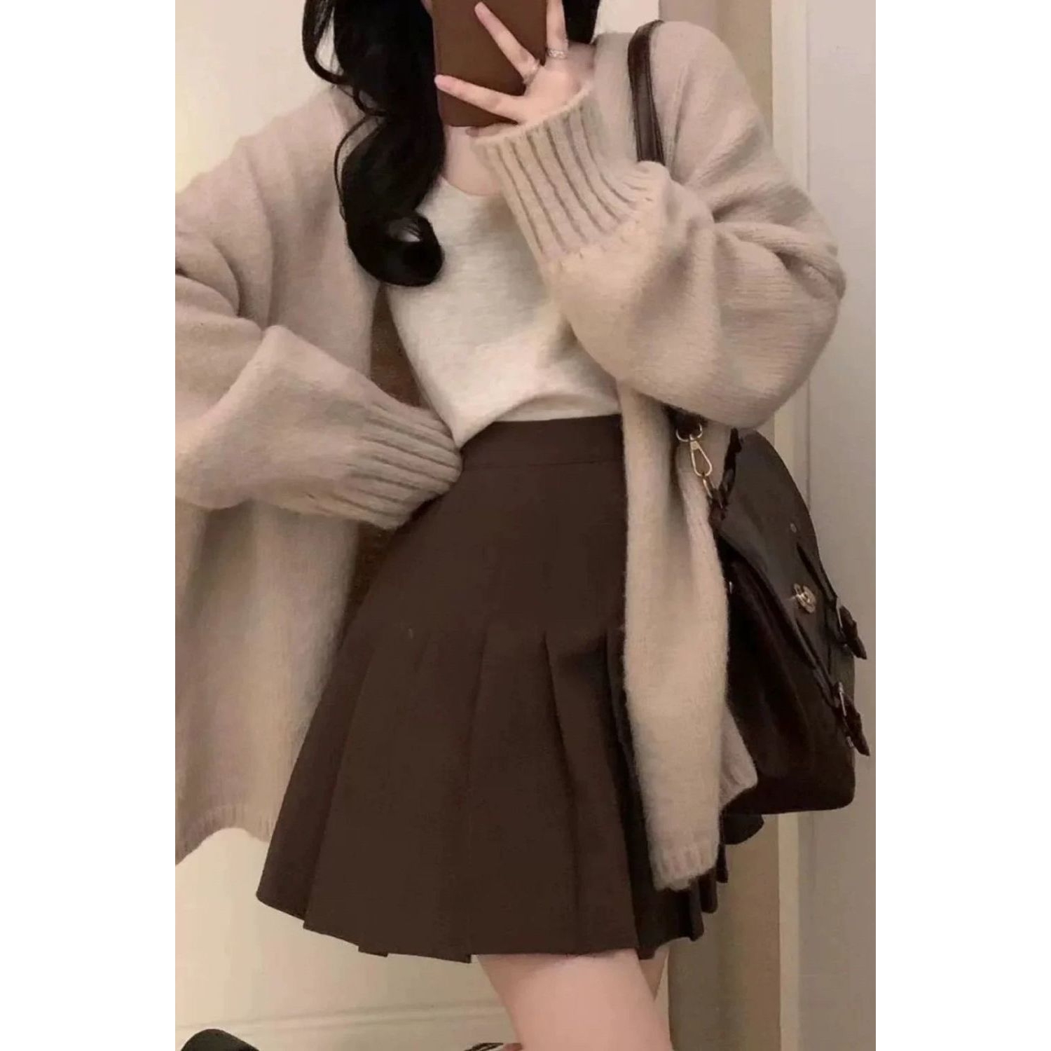 【三件套】秋冬新款纯欲风开衫毛衣外套吊带背心高腰jk百褶裙套装