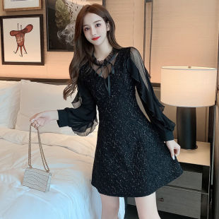 显瘦长袖 气质网纱拼接系带波点a字修身 连衣裙女 法式 2025秋冬新款