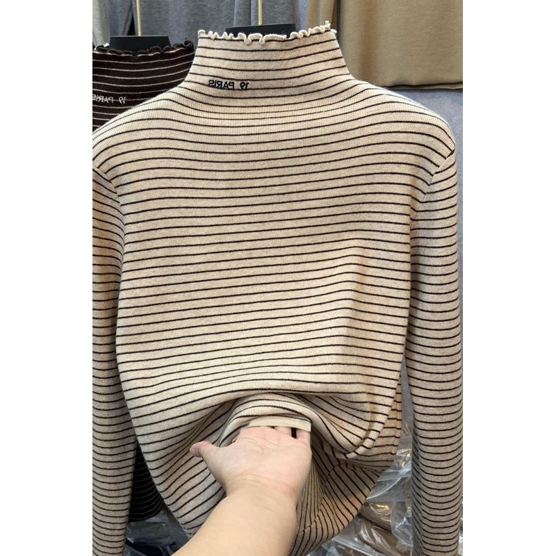 秋冬德绒打底衫女修身木耳边加绒加厚保暖新款长袖t恤上衣半高领