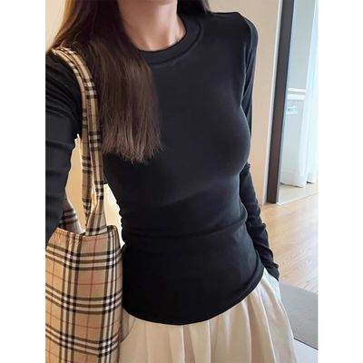 纯棉正肩长袖T恤女春秋季修身设计感打底衫圆领高级辣妹小众上衣