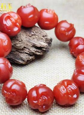 四川保山南红色玛瑙手工佛头手链云南川红佛珠柿子红男女款手串