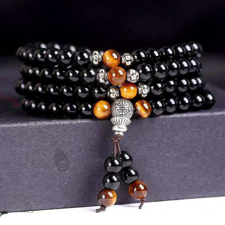 【买一赠六】正品虎眼石黑色银四圈108多圈情侣佛珠男女手链手串