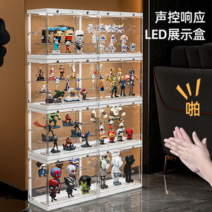 LED盲盒手办声控发光透明收纳盒高清带灯展示架防尘柜阶梯磁吸门