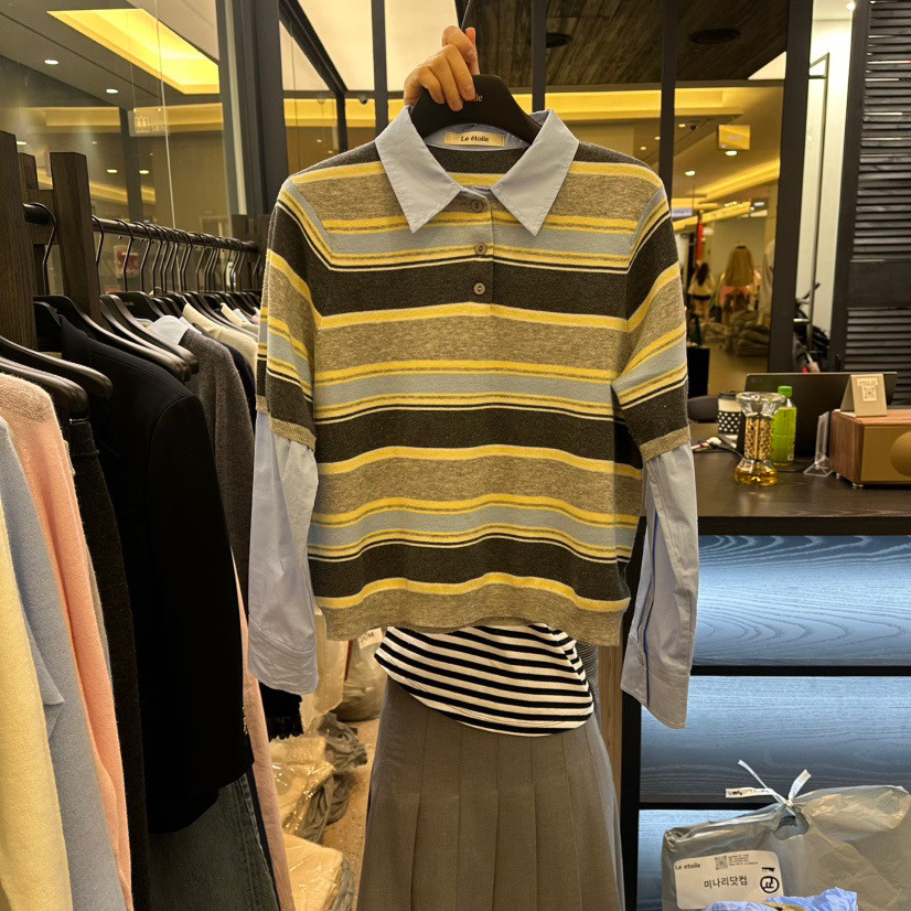 现货～LEETOILE韩国正品小众设计师品牌2026春款假两件条纹针织衫