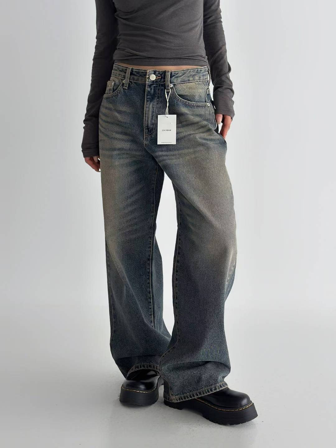 OH YEAH韩国正品2025秋冬新款复古水洗时尚百搭直筒牛仔裤女