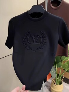 潮流简约短袖 时尚 体恤 圆领钢印百搭打底衫 痞帅黑色T恤男2024夏季