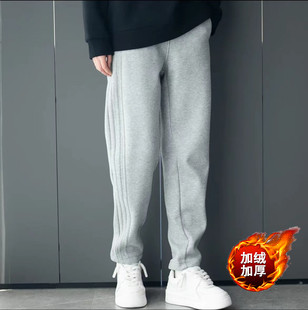 秋冬季加厚加绒弯刀休闲裤子男潮牌重磅简约百搭宽松直筒运动卫裤