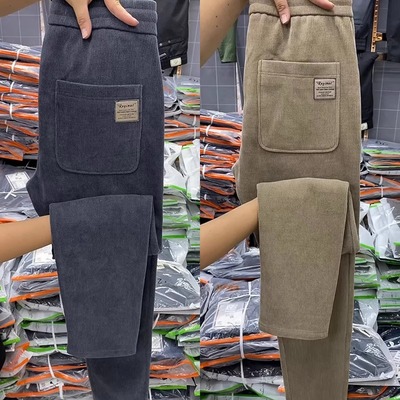 加绒条纹纯色休闲裤男士春秋季