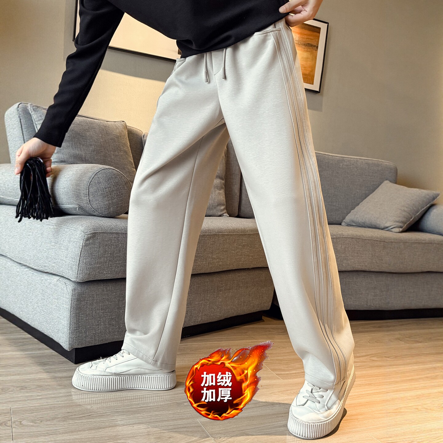 青少年拼接直筒卫裤男士秋冬季加绒加厚弯刀裤2025新款运动休闲裤