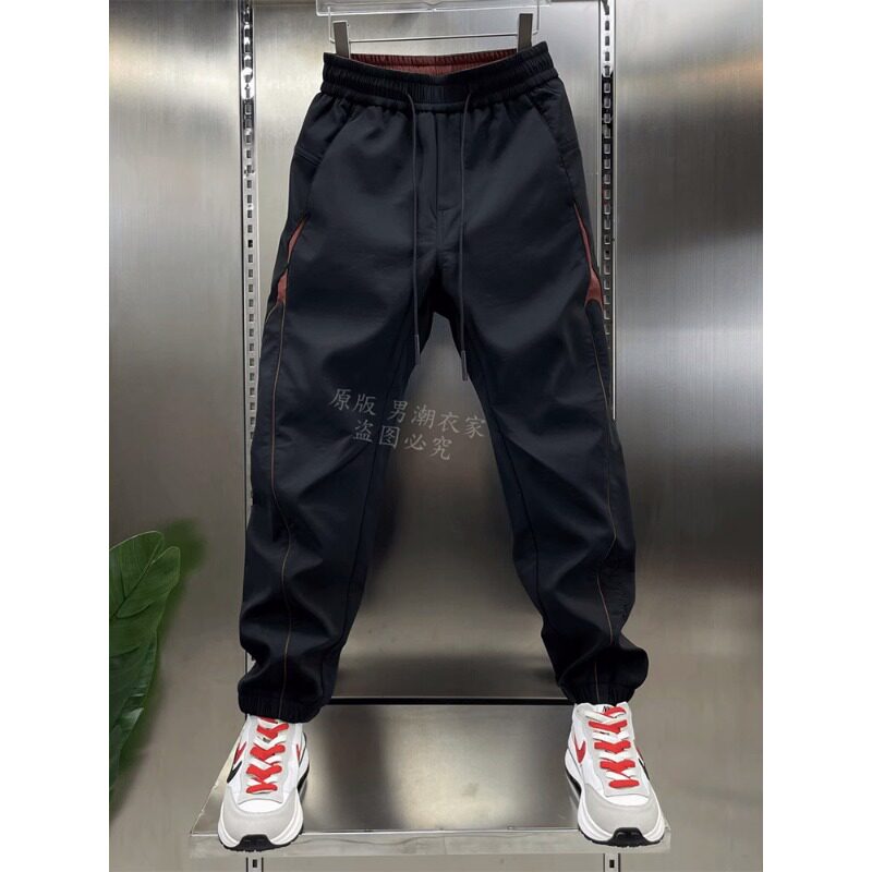 秋冬季痞帅拼接修身裤子男士潮流小脚裤新款百搭休闲九分束脚裤男