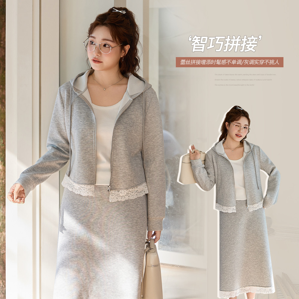 CHANGE大码女装胖mm休闲通勤蕾丝拼接卫衣半身裙两件套宽松套装,女装/女士精品,大码套装,淘宝优惠券,粉丝福利购,淘宝优惠卷