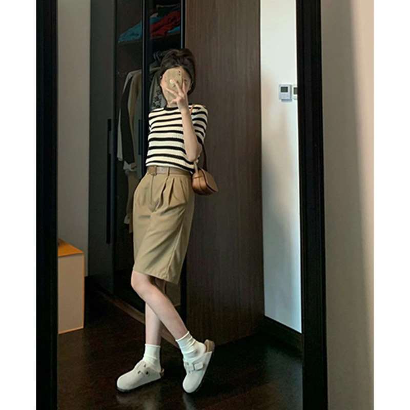 卡其色休闲五分西装裤女高腰短裤直筒阔腿裤子中裤工装裤夏季薄款