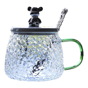 ins小熊耐高温锤纹玻璃水杯子女生马克带盖勺咖啡杯早餐茶杯韩式