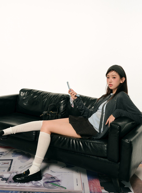 F1os 复古学院风设计慵懒气质灰色针织开衫女百搭纯色双门襟小衫