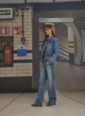 F1os时尚套装阔腿裤衬衣后开叉休闲牛仔套装短外套牛仔裤两件套