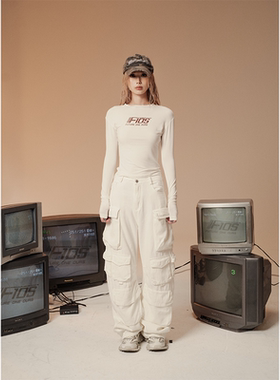 F1os 原创设计软牛仔白色休闲裤女高腰工装裤