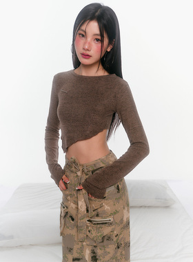 F1os原创设计  短款圆领针织衫纯色修身露背内搭打底棕色长袖上衣