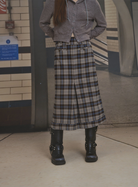 F1os 美拉德 美式复古学院风设计格纹半身裙女灰色直筒开衩长裙