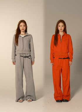 F1os 休闲运动套装女翻领拉链修身卫衣小众设计系腰拖地阔腿裤