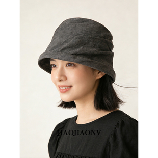 2026春夏亚麻渔夫帽日本小众设计感平顶帽不规则皱褶高级水桶帽女