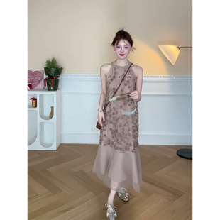 高级感法式 小个子甜美长裙 立体盘花刺绣粉色连衣裙女2025夏季 新款