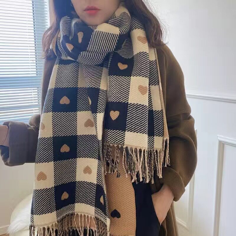格子围巾女冬季高级感秋冬围巾仿