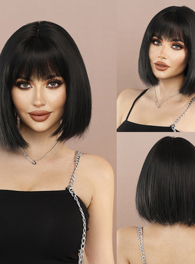 欧美yaki黑色短发波波头bob假发女黑人齐刘海短头套化纤 wigs女士