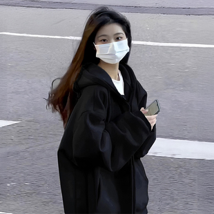 黑色卫衣外套女2025新款秋冬季宽松连帽开衫美式拉链加绒加厚上衣