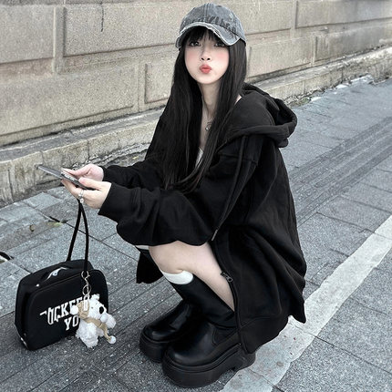 黑色连帽卫衣外套女秋冬季2024新款爆款加绒加厚宽松拉链开衫上衣