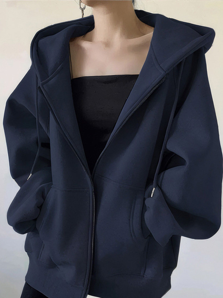 Navy Blue Women's Hoodie Jacket for Autumn and Winter, Fleece Lined and Thickened, 2025 New Popular Korean Lazy Style Zipper Top